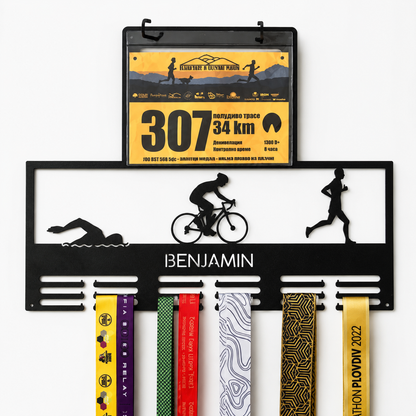 Personalized Triathlon Medal Holder — Swim · Bike · Run Race Bib Display