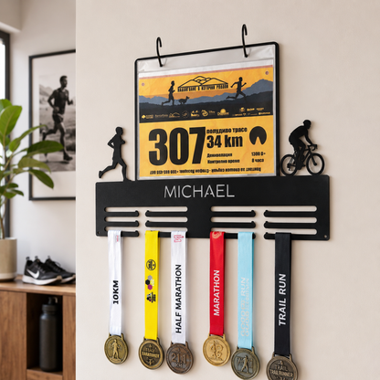 Personalized Cycling & Running Medal Holder — Custom Name & Race Bib Rack — Compact (14", 2–5 rows)