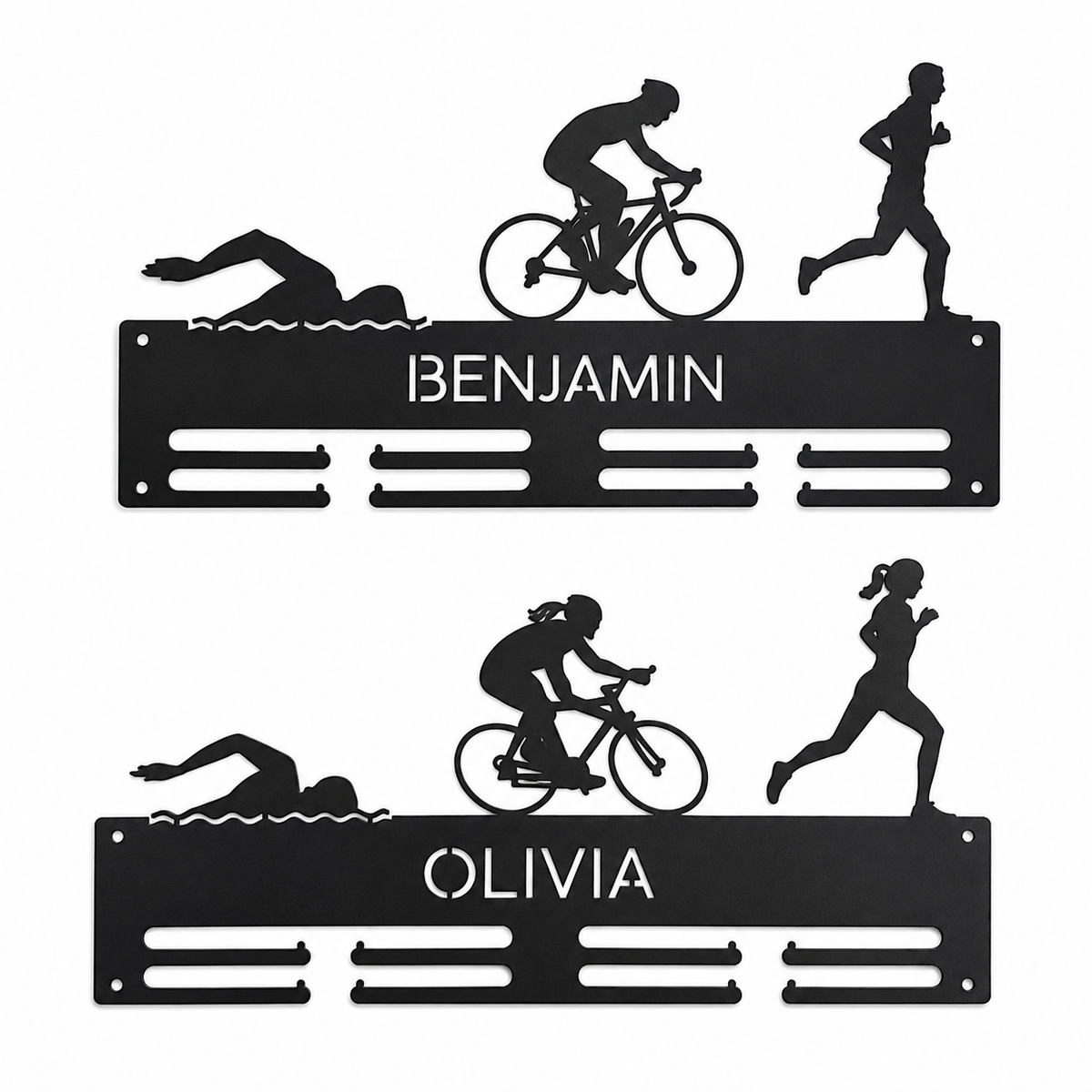 Personalized Triathlon Medal Holder — Swim · Bike · Run Athlete Rack — Compact (14", 2–5 rows)