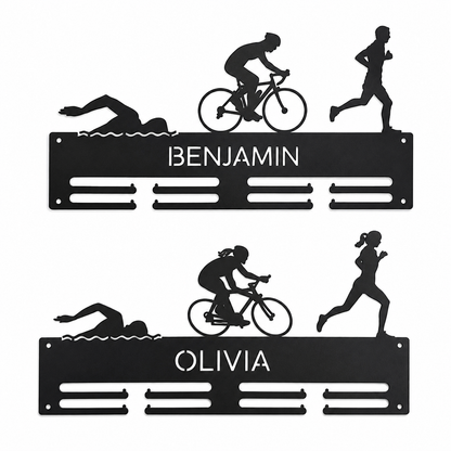 Personalized Triathlon Medal Holder — Swim · Bike · Run Athlete Rack — Compact (14", 2–5 rows)