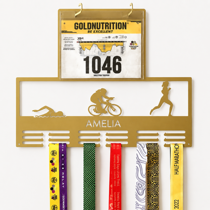 Personalized Triathlon Medal Holder — Swim · Bike · Run Race Bib Display