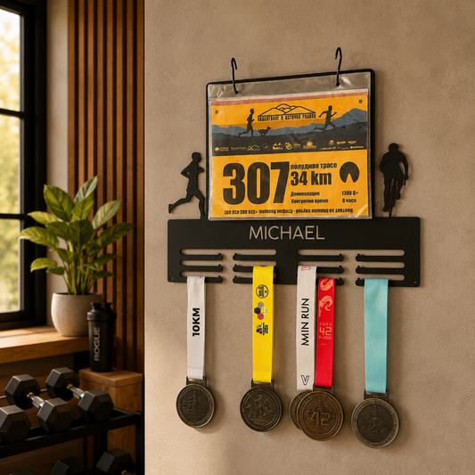 Personalized Cycling & Running Medal Holder — Custom Name & Race Bib Rack