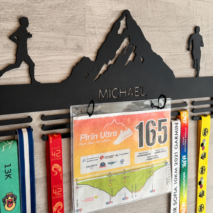 Personalized Mountain Medal Holder — Custom Name & Race Bib Rack — Compact (14", 2–5 rows)