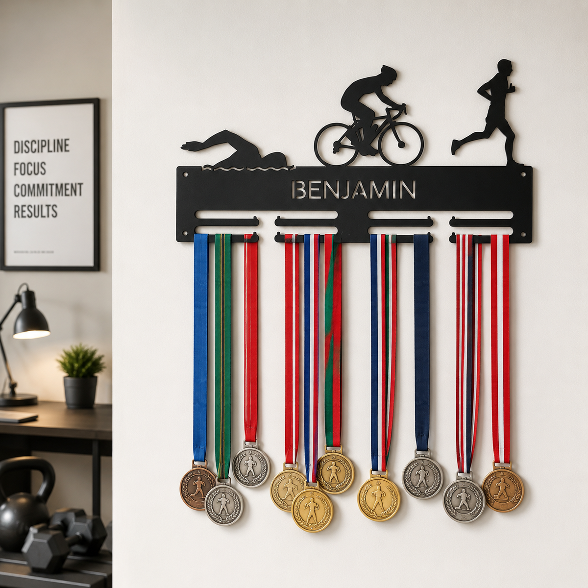 Personalized Triathlon Medal Holder — Swim · Bike · Run Athlete Rack — Compact (14", 2–5 rows)