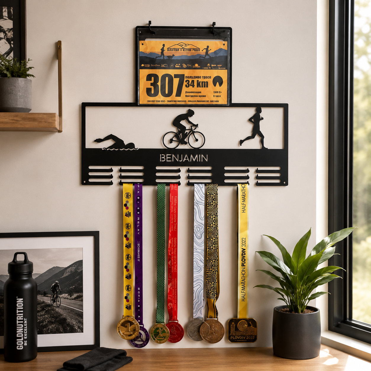 Personalized Triathlon Medal Holder — Swim · Bike · Run Race Bib Display