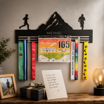 Personalized Mountain Medal Holder — Custom Name & Race Bib Rack — Compact (14", 2–5 rows)
