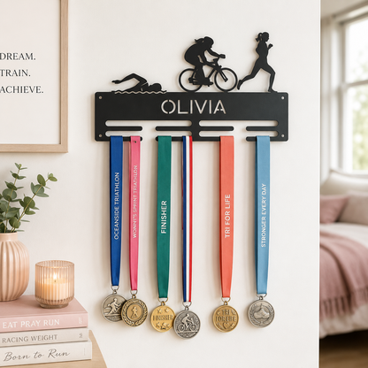 Personalized Triathlon Medal Holder — Swim · Bike · Run Athlete Rack — Compact (14", 2–5 rows)
