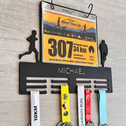 Personalized Cycling & Running Medal Holder — Custom Name & Race Bib Rack — Compact (14", 2–5 rows)