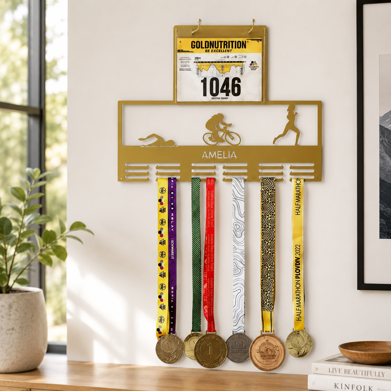 Personalized Triathlon Medal Holder — Swim · Bike · Run Race Bib Display