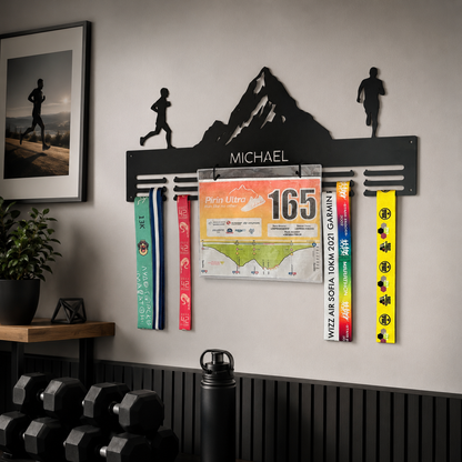 Personalized Mountain Medal Holder — Custom Name & Race Bib Rack — Compact (14", 2–5 rows)