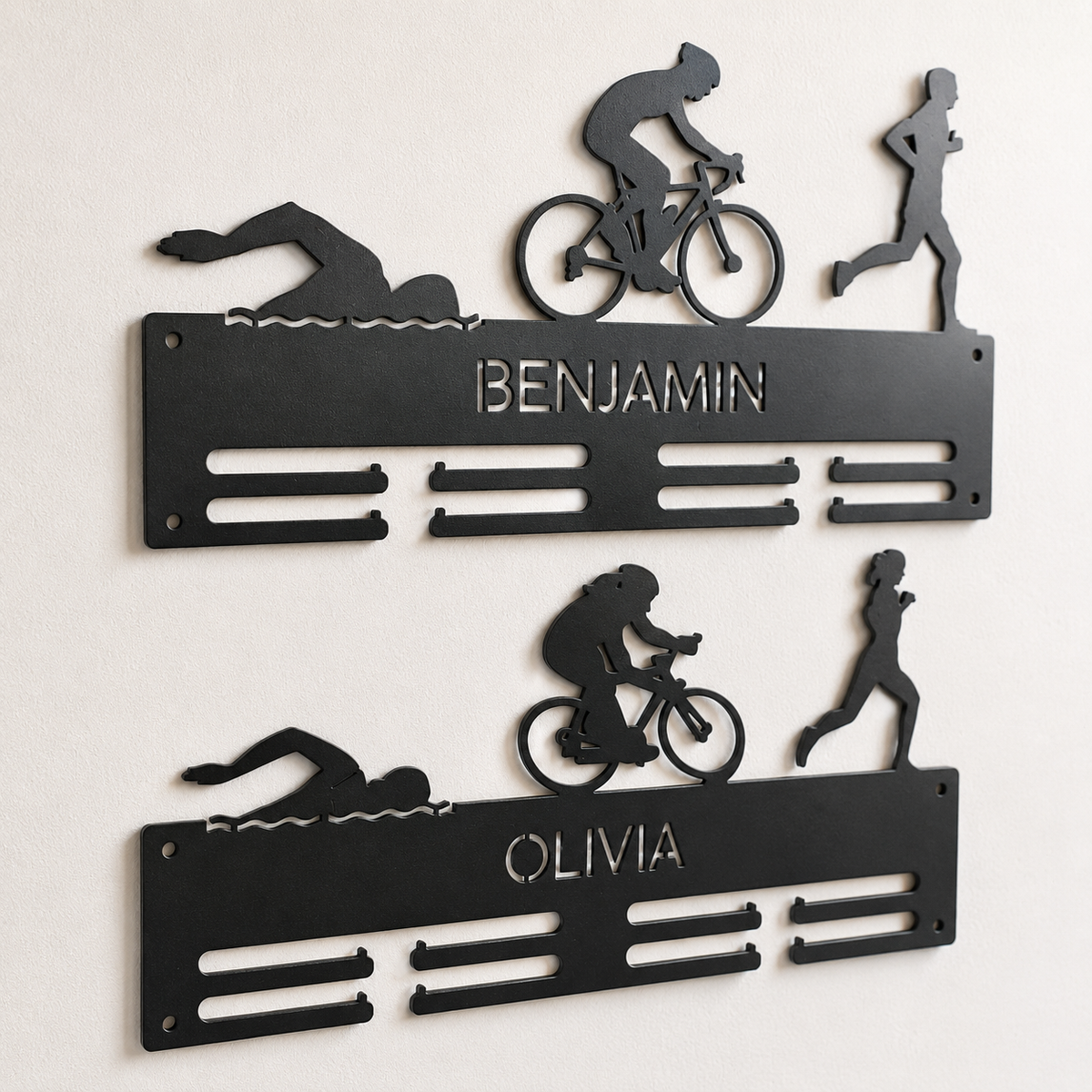 Personalized Triathlon Medal Holder — Swim · Bike · Run Athlete Rack — Compact (14", 2–5 rows)