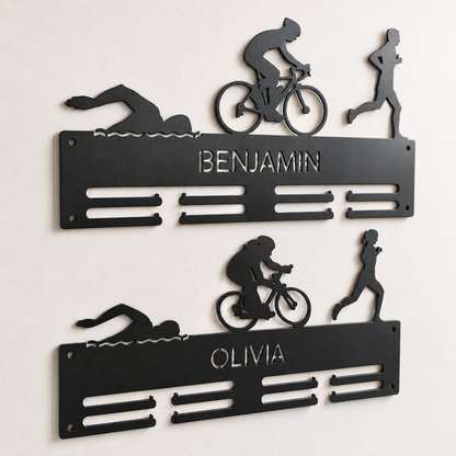 Personalized Triathlon Medal Holder — Swim · Bike · Run Athlete Rack — Compact (14", 2–5 rows)