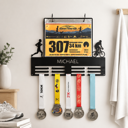 Personalized Cycling & Running Medal Holder — Custom Name & Race Bib Rack — Compact (14", 2–5 rows)