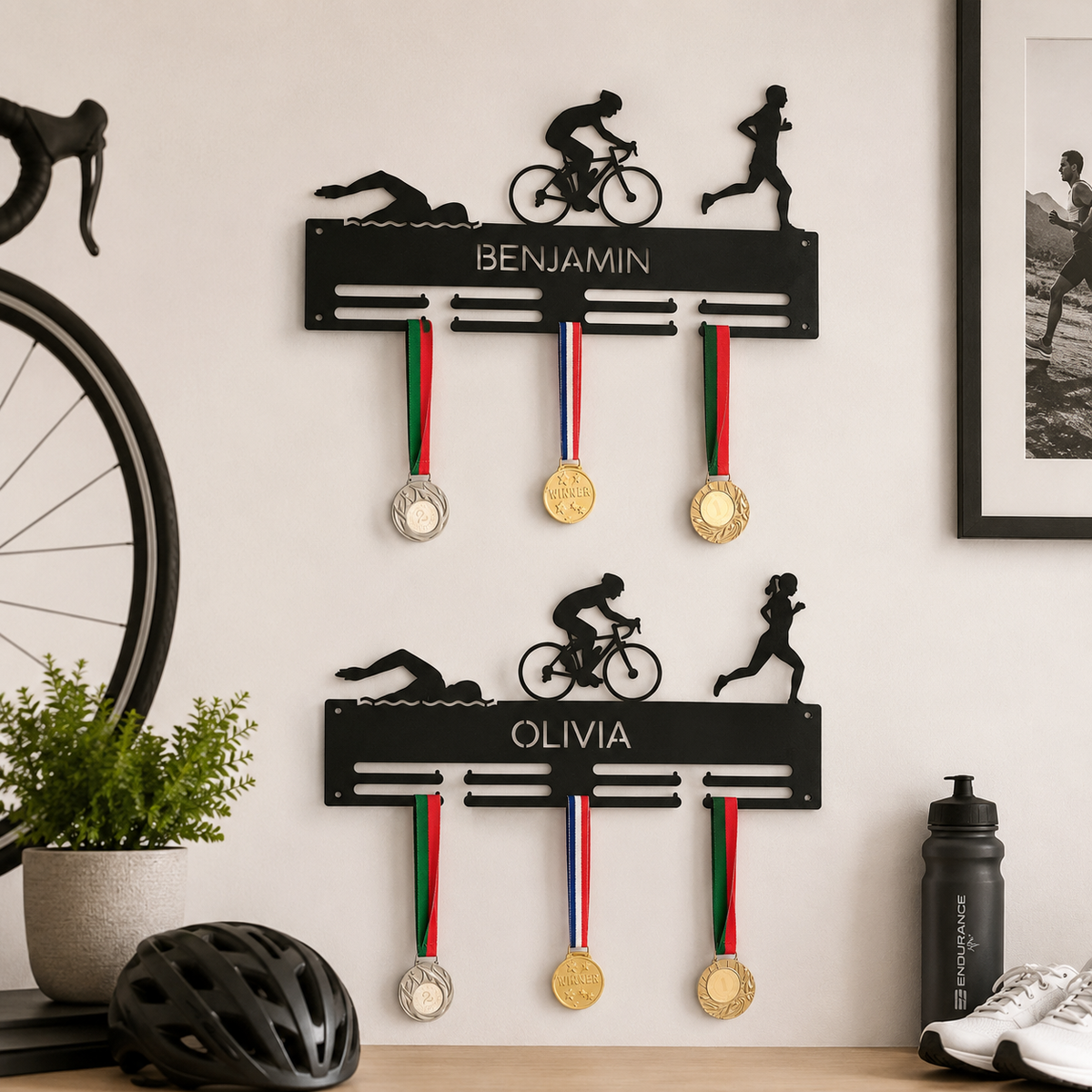 Personalized Triathlon Medal Holder — Swim · Bike · Run Athlete Rack — Compact (14", 2–5 rows)
