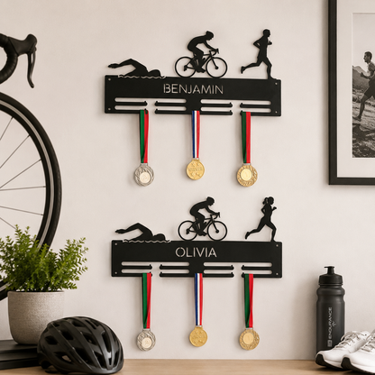Personalized Triathlon Medal Holder — Swim · Bike · Run Athlete Rack — Compact (14", 2–5 rows)