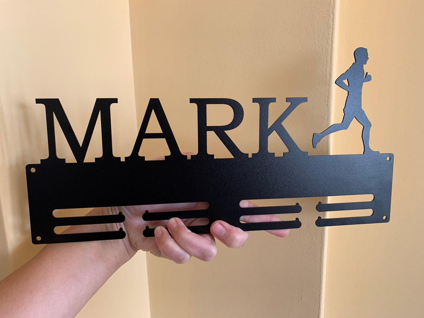 Custom Running Medal Holder - Personalized Name Display Rack for Sports Awards - Male Silhouette