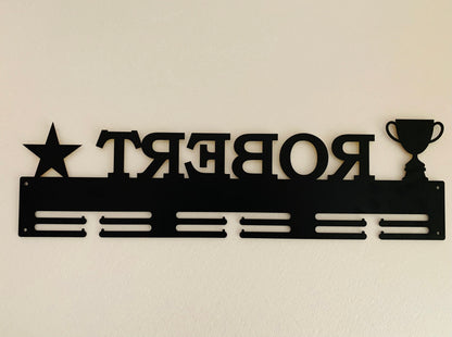 Custom Medal Holder | Personalized Name with Star & Trophy Cup | Metal Medal Display Rack