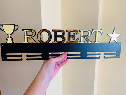 Custom Medal Holder | Personalized Name with Star & Trophy Cup | Metal Medal Display Rack