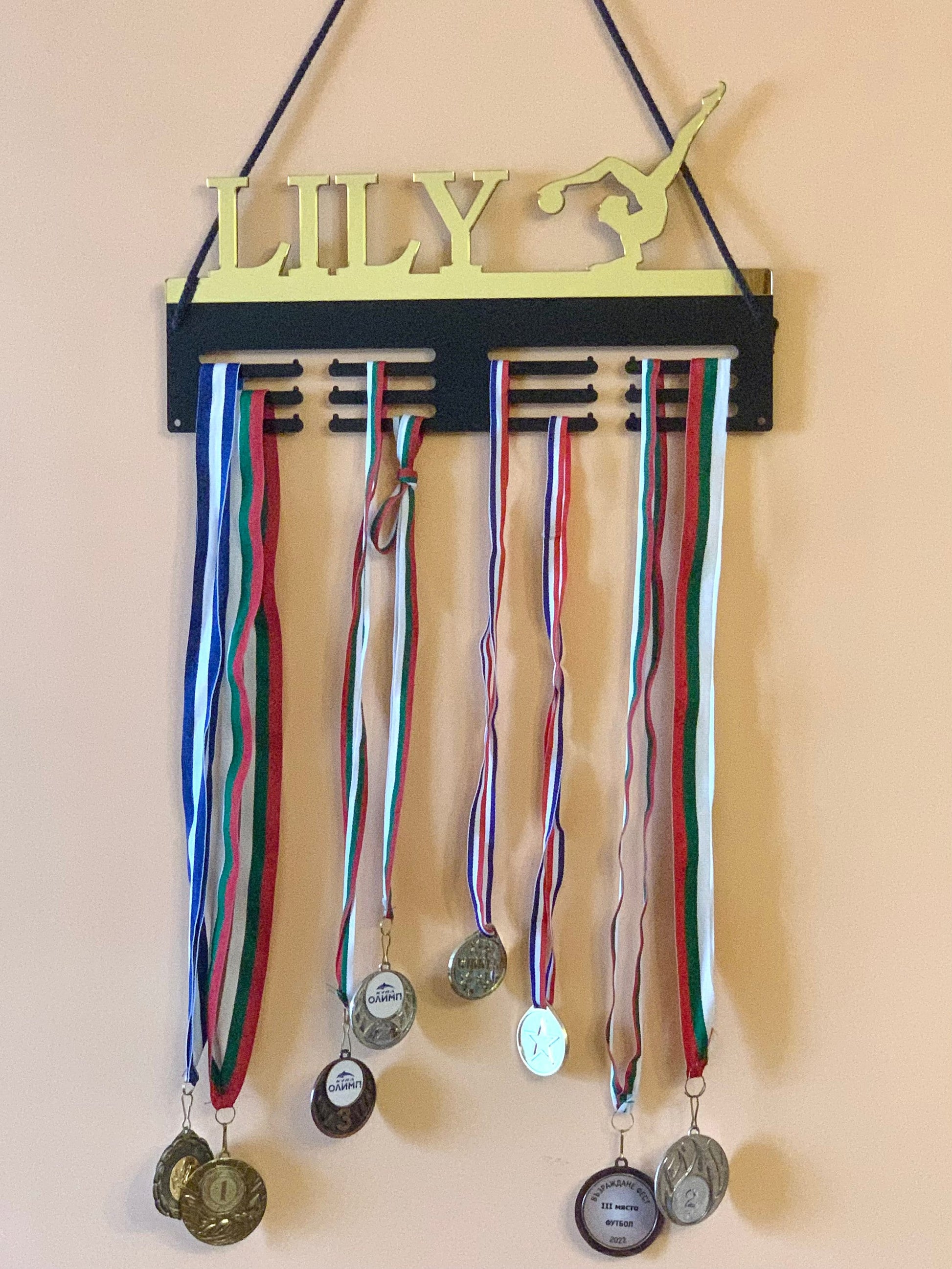 Custom Medal Holder | Personalized Name with Star & Trophy Cup | Metal Medal Display Rack
