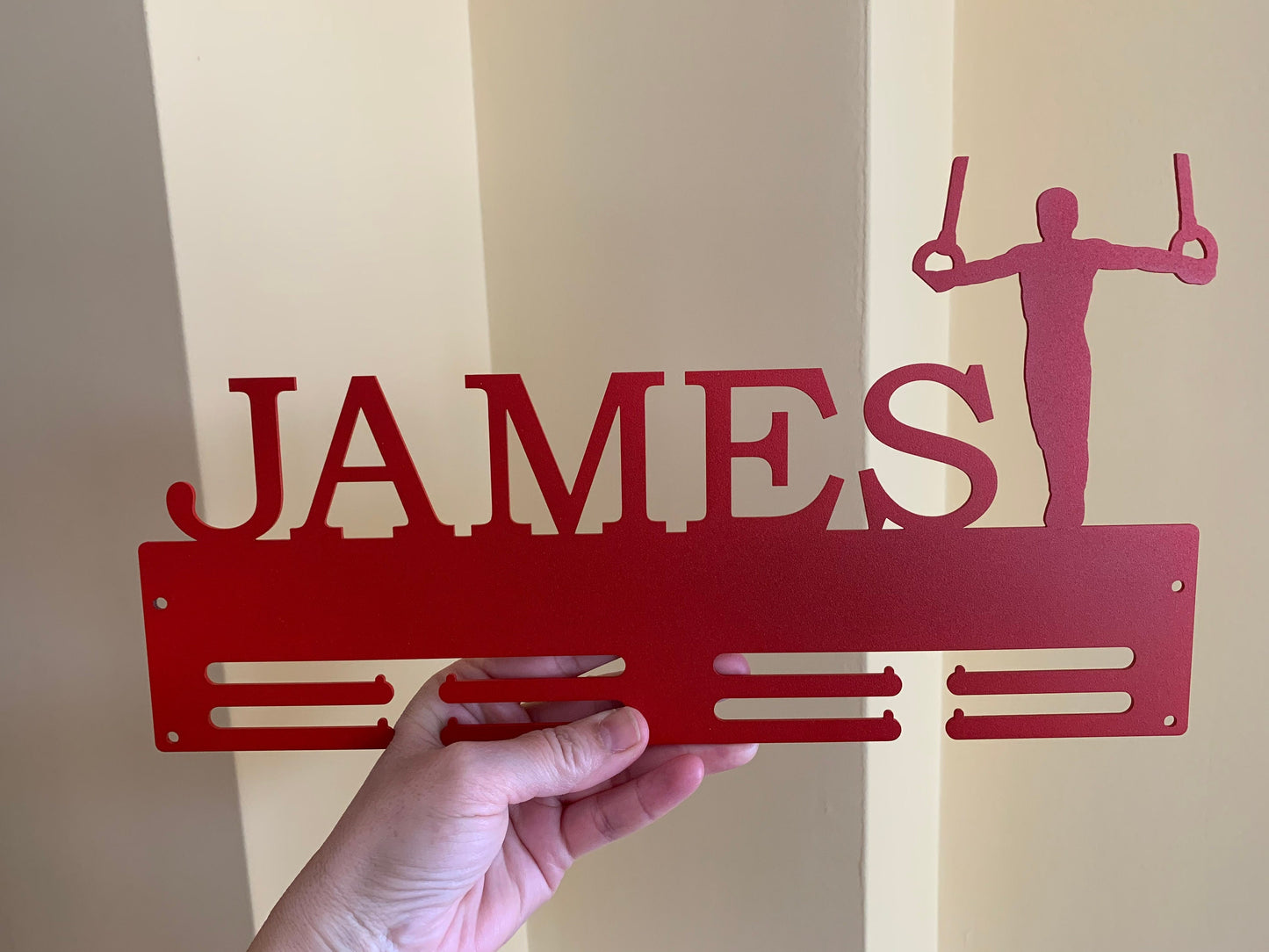 Custom Men’s Gymnastics Medal Holder - Personalized Metal Display Rack with Rings Silhouette