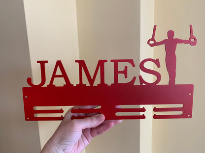 Custom Men’s Gymnastics Medal Holder - Personalized Metal Display Rack with Rings Silhouette