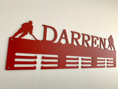 Personalized Hockey Medal Holder - Custom Name Metal Display Rack - Ice Hockey Sports Award Hanger