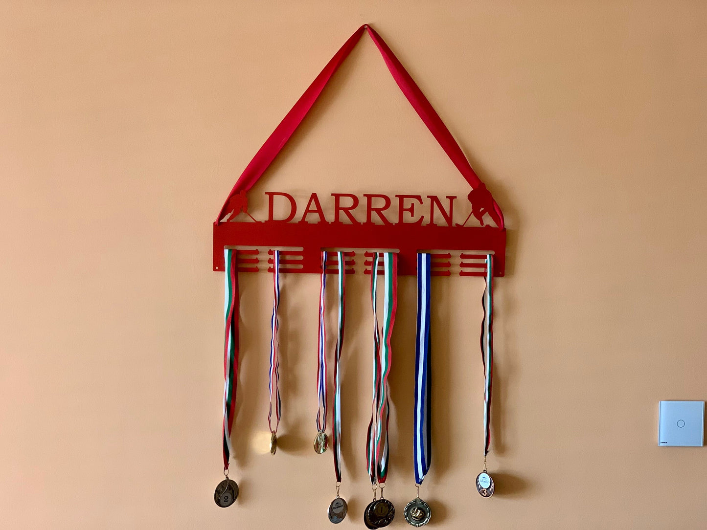 Personalized Hockey Medal Holder - Custom Name Metal Display Rack - Ice Hockey Sports Award Hanger