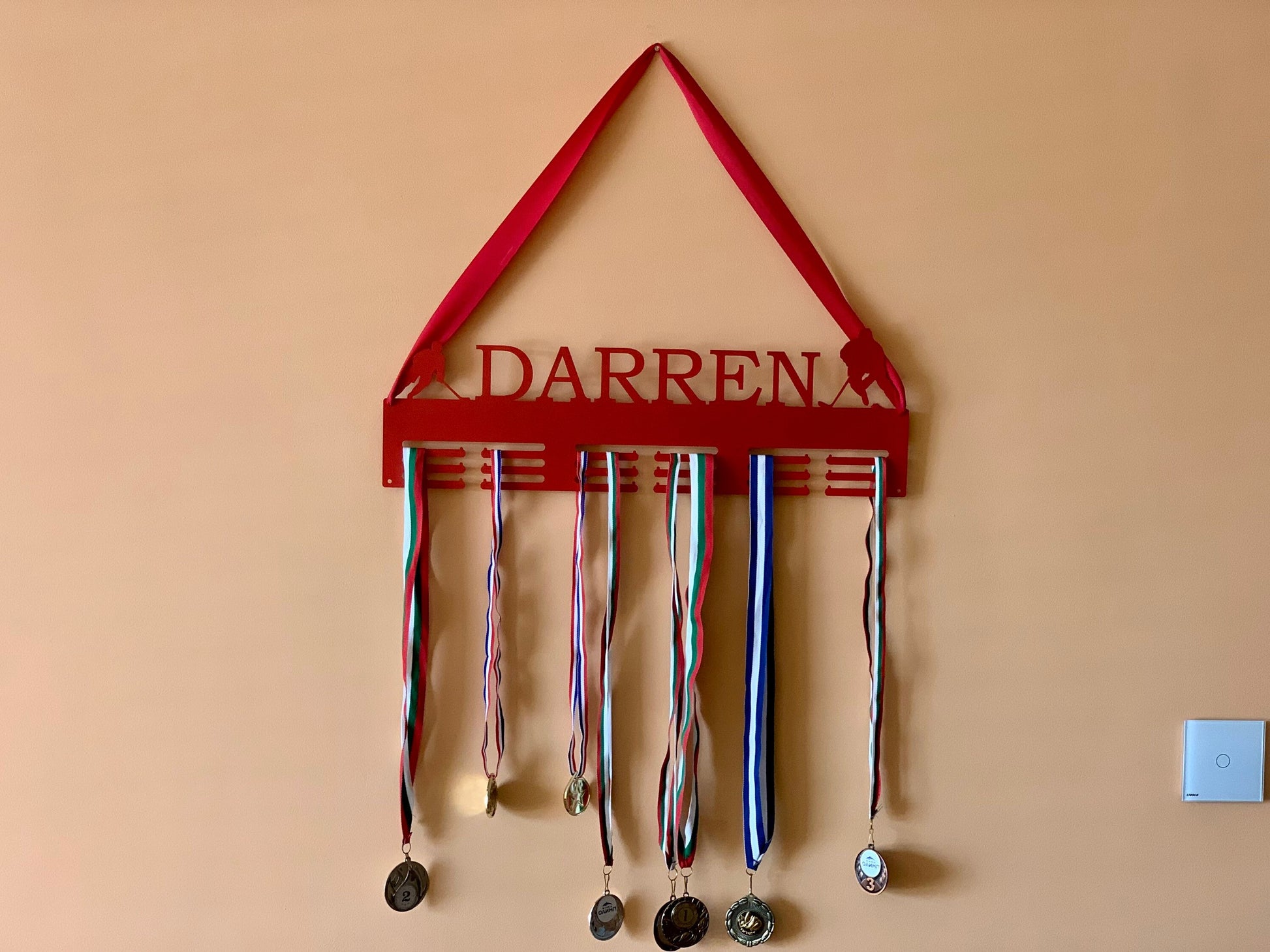 Personalized Hockey Medal Holder - Custom Name Metal Display Rack - Ice Hockey Sports Award Hanger