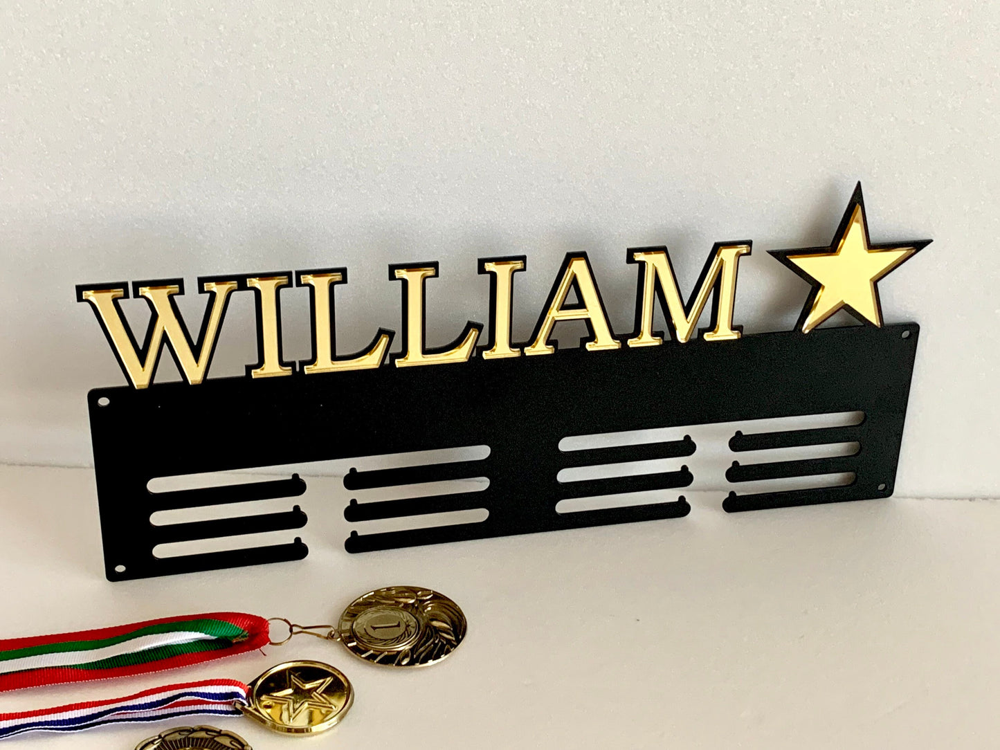 Personalized Medal Holder with Custom Name & Star - Metal Display Rack - Luxury Wall Decor