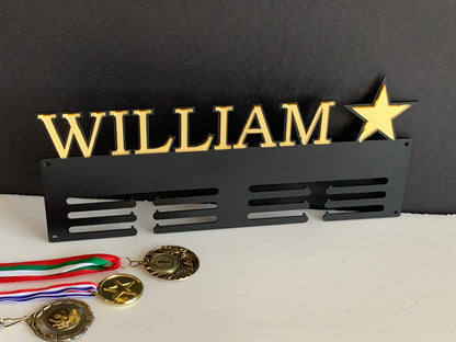 Personalized Medal Holder with Custom Name & Star - Metal Display Rack - Luxury Wall Decor