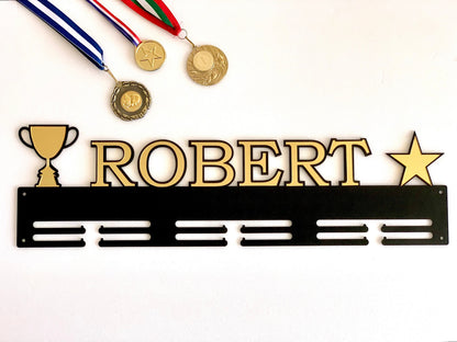 Custom Medal Holder | Personalized Name with Star & Trophy Cup | Metal Medal Display Rack
