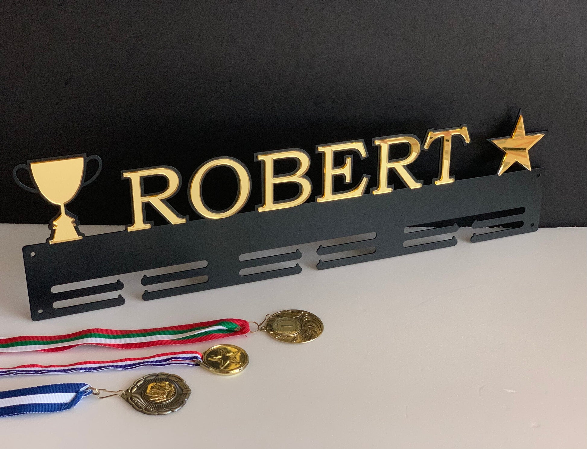 Custom Medal Holder | Personalized Name with Star & Trophy Cup | Metal Medal Display Rack