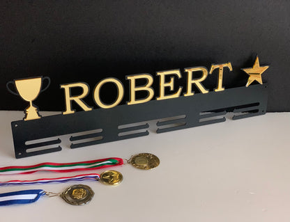 Custom Medal Holder | Personalized Name with Star & Trophy Cup | Metal Medal Display Rack
