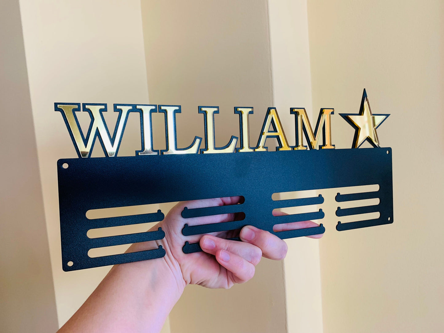 Personalized Medal Holder with Custom Name & Star - Metal Display Rack - Luxury Wall Decor