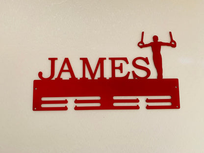 Custom Men’s Gymnastics Medal Holder - Personalized Metal Display Rack with Rings Silhouette