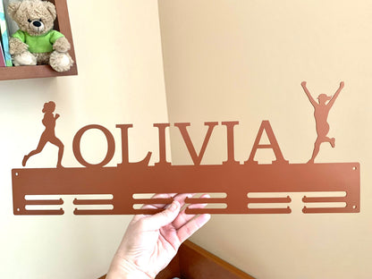 Custom Running Medal Holder, Personalized Name Sports Display Rack - 2 Female Figures Medal Hanger