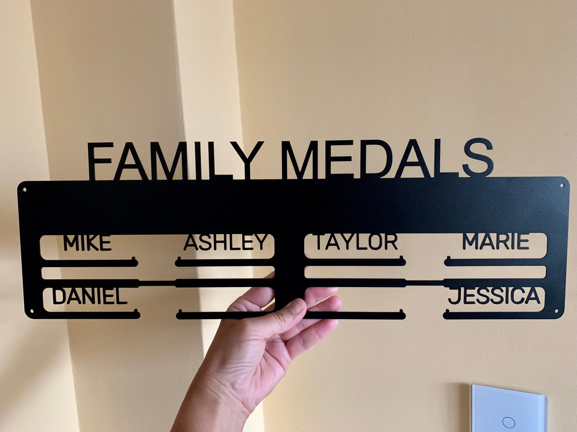 Personalized Family Medal Holder - Medal Display Rack with Custom Names, Metal Hanger for Awards