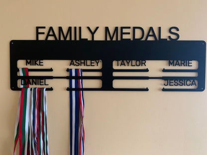Personalized Family Medal Holder - Medal Display Rack with Custom Names, Metal Hanger for Awards