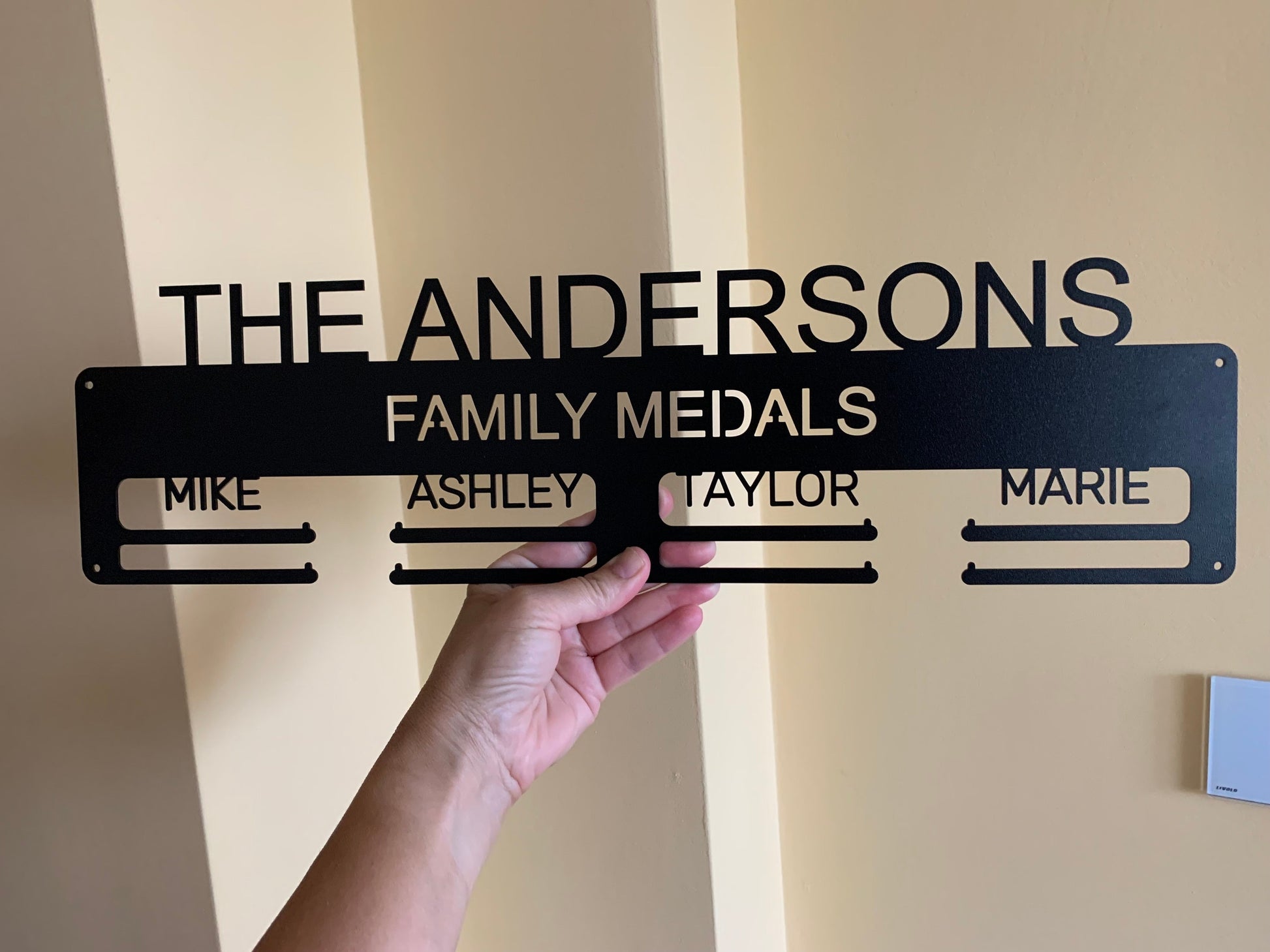 Custom Family Medal Holder - Personalized Metal Display Rack with Names - Our Family Medals