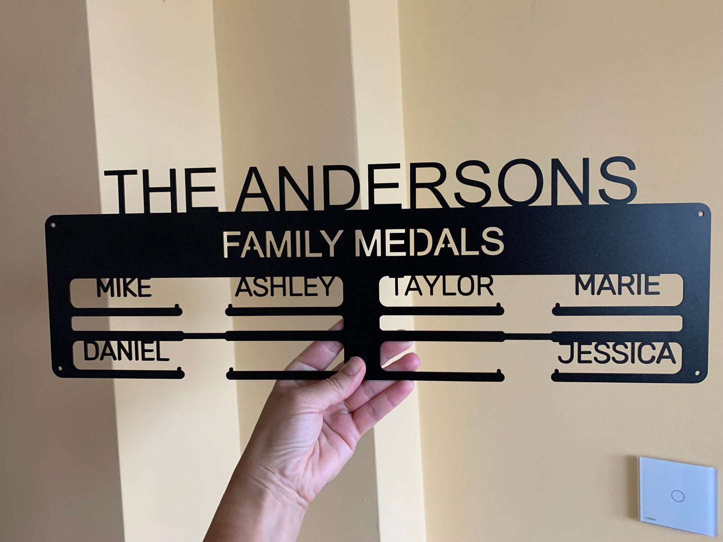 Custom Family Medal Holder - Personalized Metal Display Rack with Names - Our Family Medals