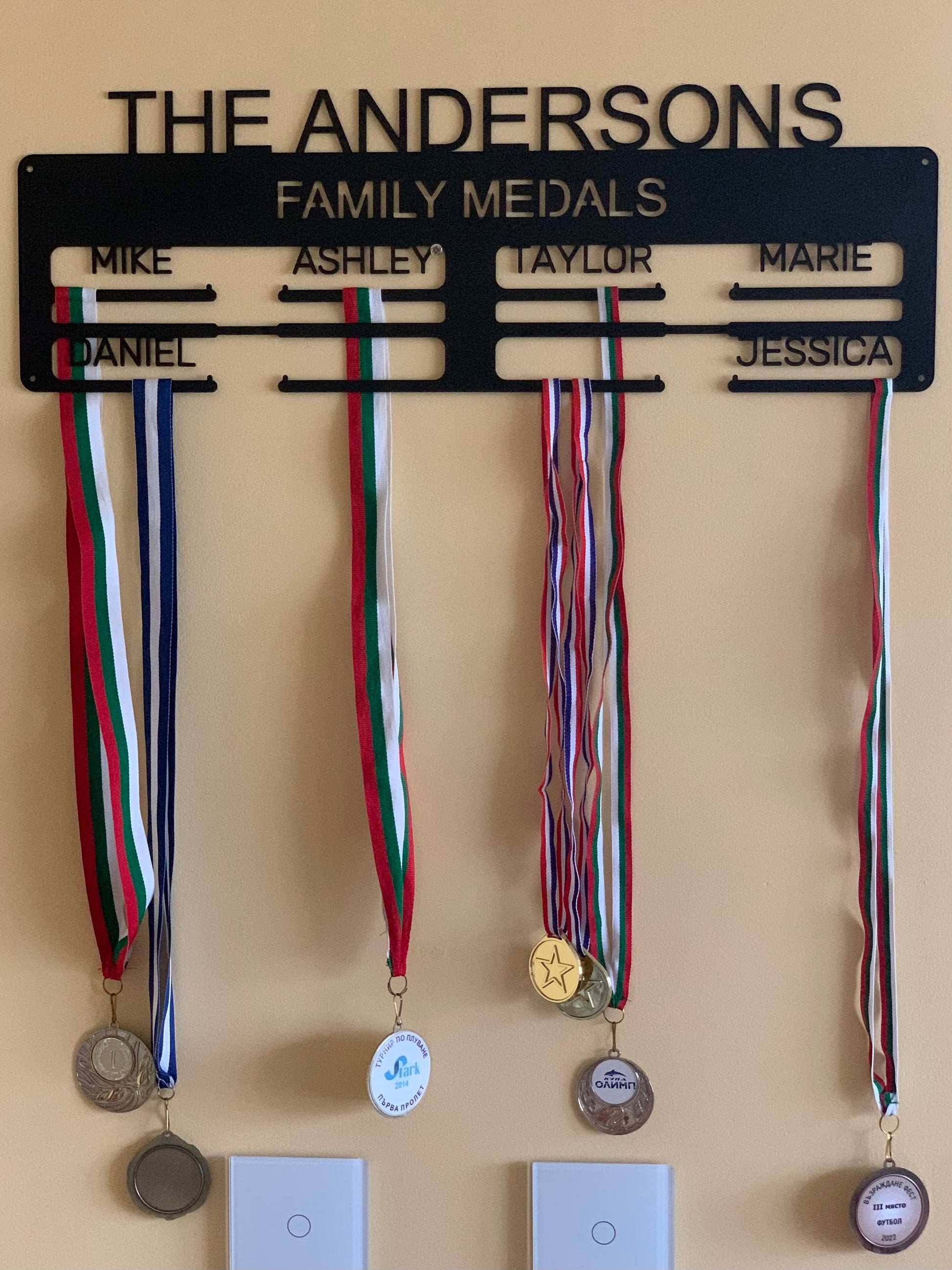 Custom Family Medal Holder - Personalized Metal Display Rack with Names - Our Family Medals