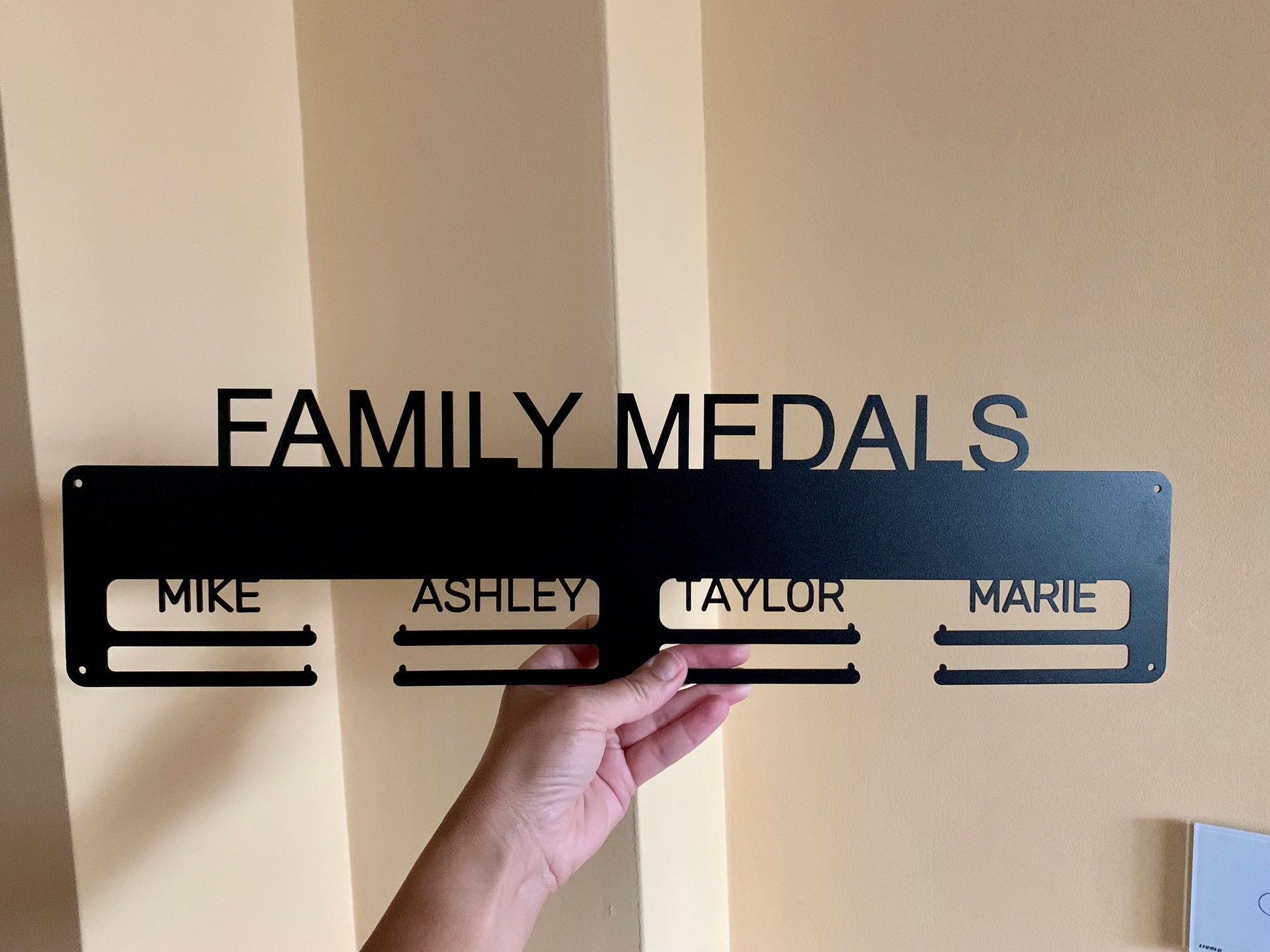 Personalized Family Medal Holder - Medal Display Rack with Custom Names, Metal Hanger for Awards