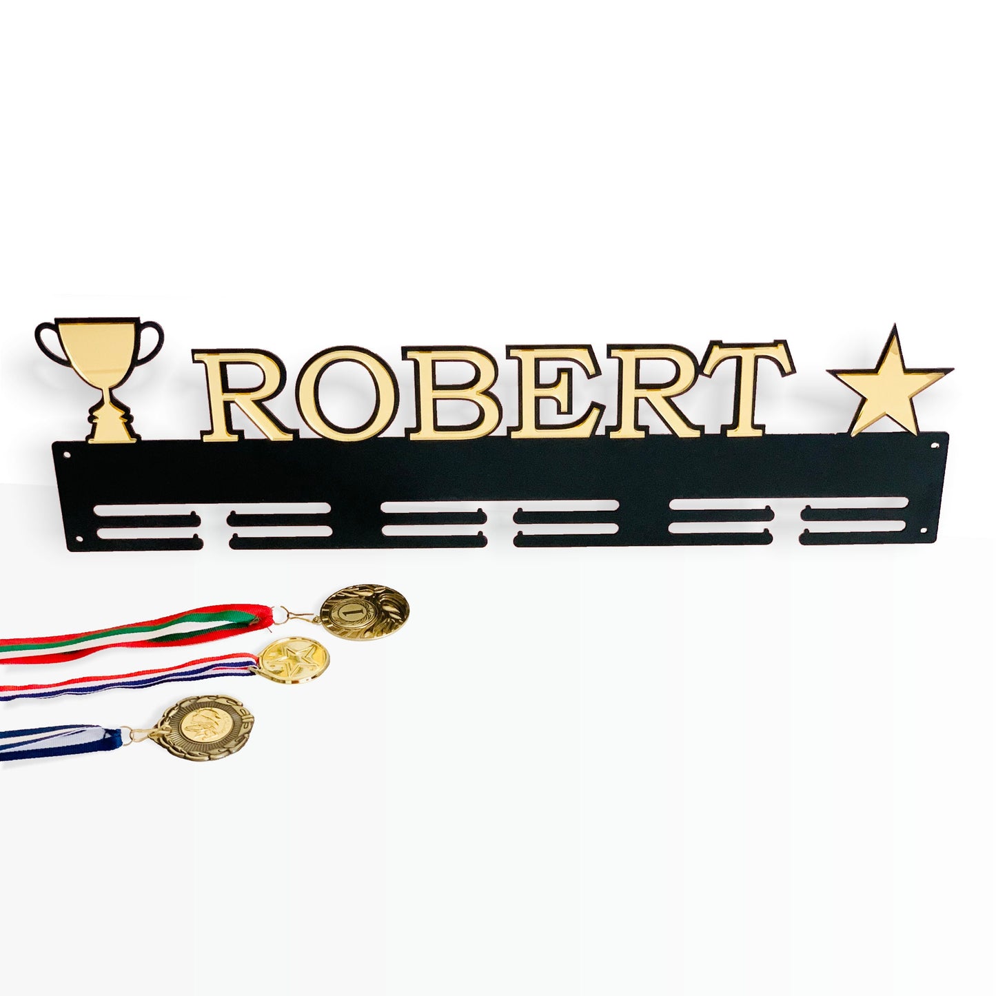 Custom Medal Holder | Personalized Name with Star & Trophy Cup | Metal Medal Display Rack