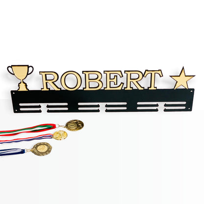 Custom Medal Holder | Personalized Name with Star & Trophy Cup | Metal Medal Display Rack