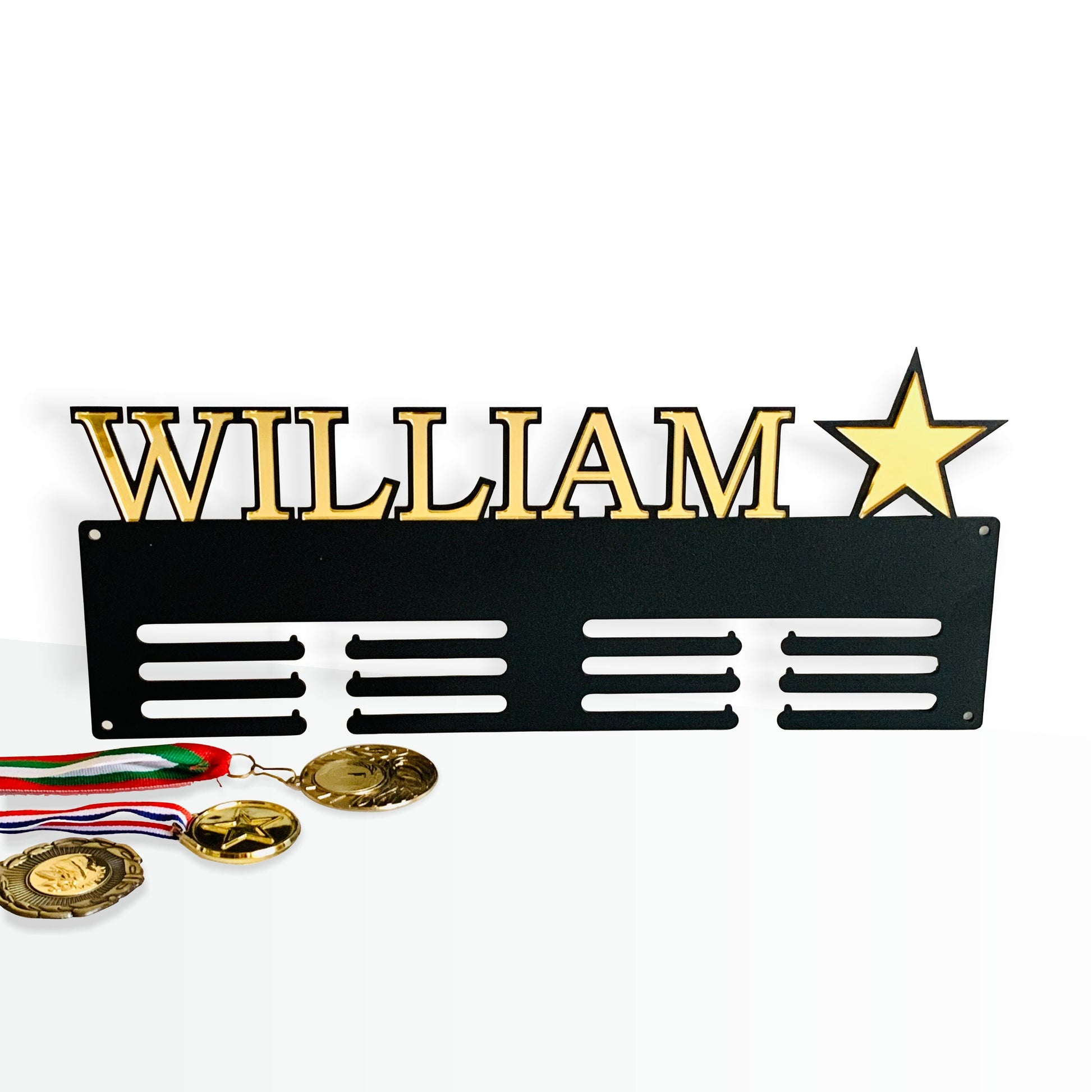 Personalized Medal Holder with Custom Name & Star - Metal Display Rack - Luxury Wall Decor
