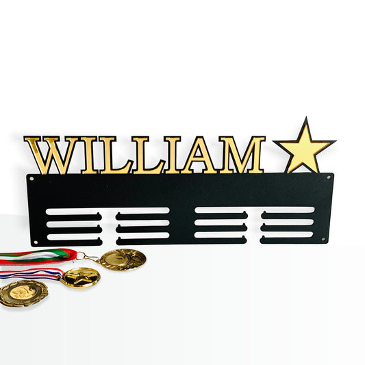 Personalized Medal Holder with Custom Name & Star - Metal Display Rack - Luxury Wall Decor
