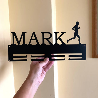 Custom Running Medal Holder - Personalized Name Display Rack for Sports Awards - Male Silhouette