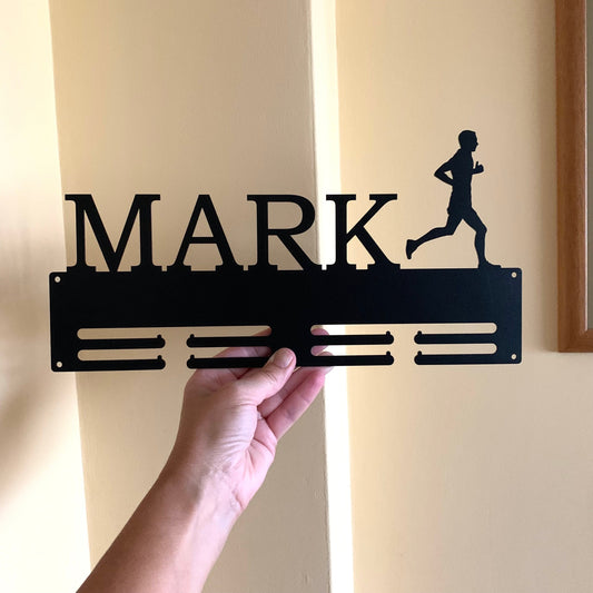 Custom Running Medal Holder - Personalized Name Display Rack for Sports Awards - Male Silhouette