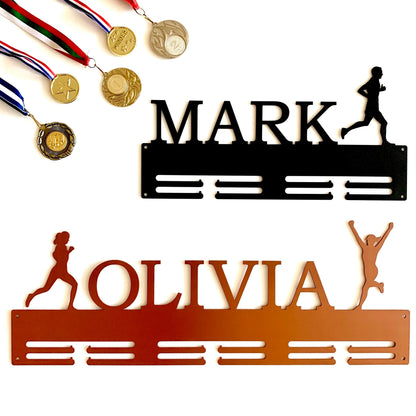 Personalized Running Medal Holder with Custom Name - Runner Gifts with Men & Women Silhouettes