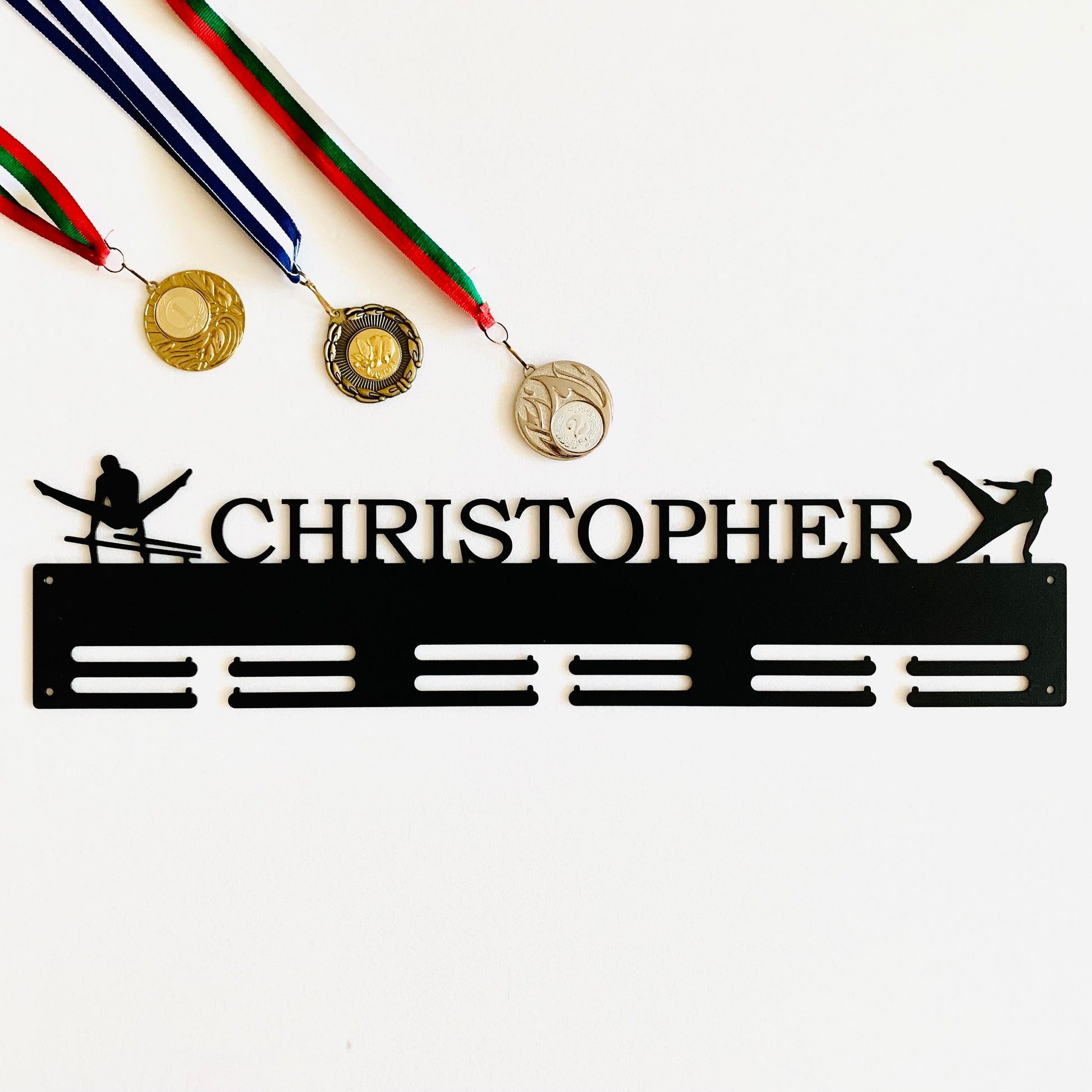 Custom Gymnastics Medal Holder with Name - Personalized Metal Display Rack with 2 Male Figures